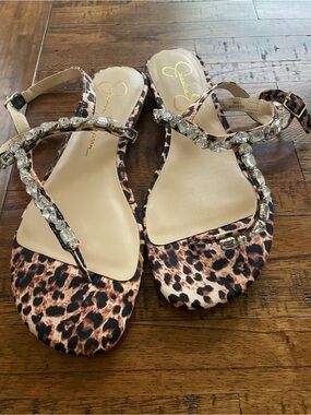 Jessica Simpson Leopard Print Jeweled T-Strap Sandals - Brown Black